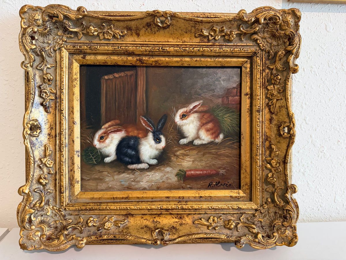 Vintage R Mario Oil Painting Three Rabbits Bunnies Farmhouse Art Gold Frame