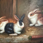 Vintage R Mario Oil Painting Three Rabbits Bunnies Farmhouse Art Gold Frame