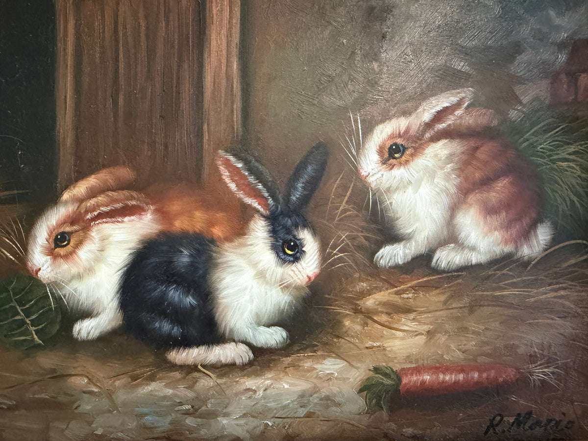 Vintage R Mario Oil Painting Three Rabbits Bunnies Farmhouse Art Gold Frame