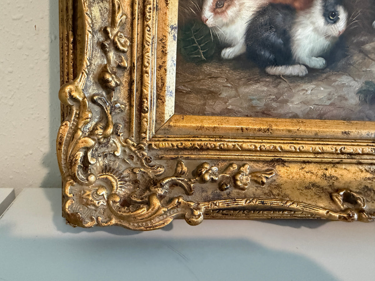 Vintage R Mario Oil Painting Three Rabbits Bunnies Farmhouse Art Gold Frame