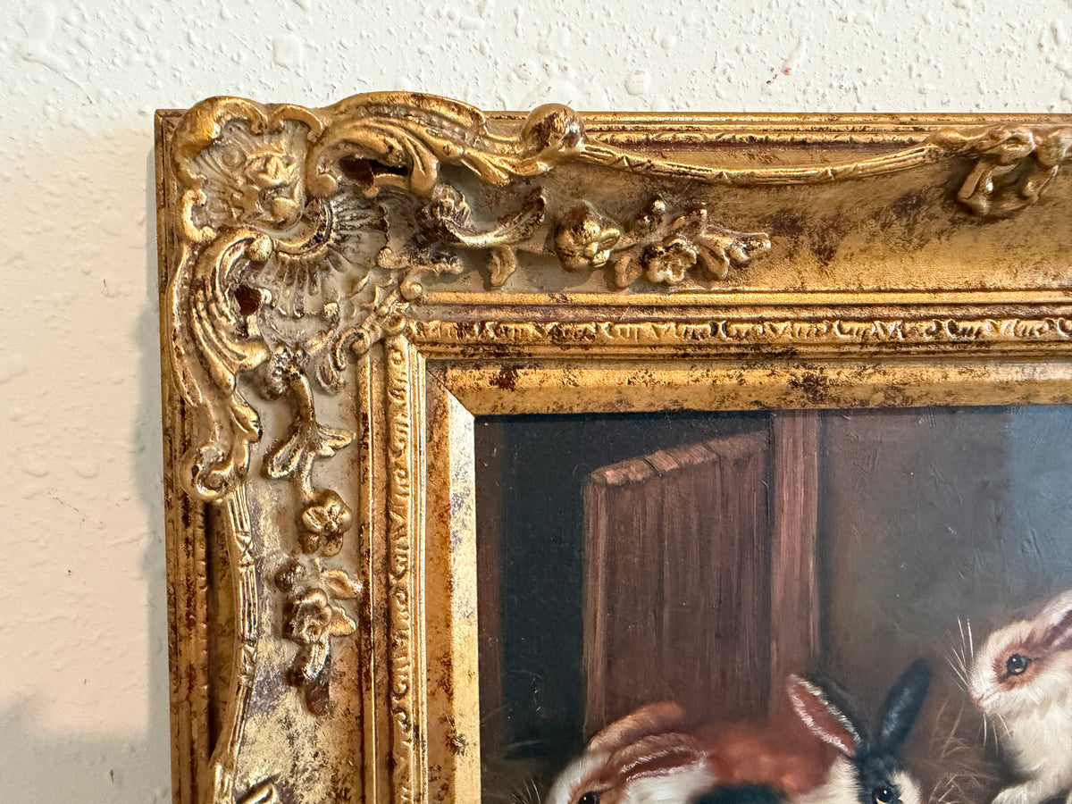 Vintage R Mario Oil Painting Three Rabbits Bunnies Farmhouse Art Gold Frame