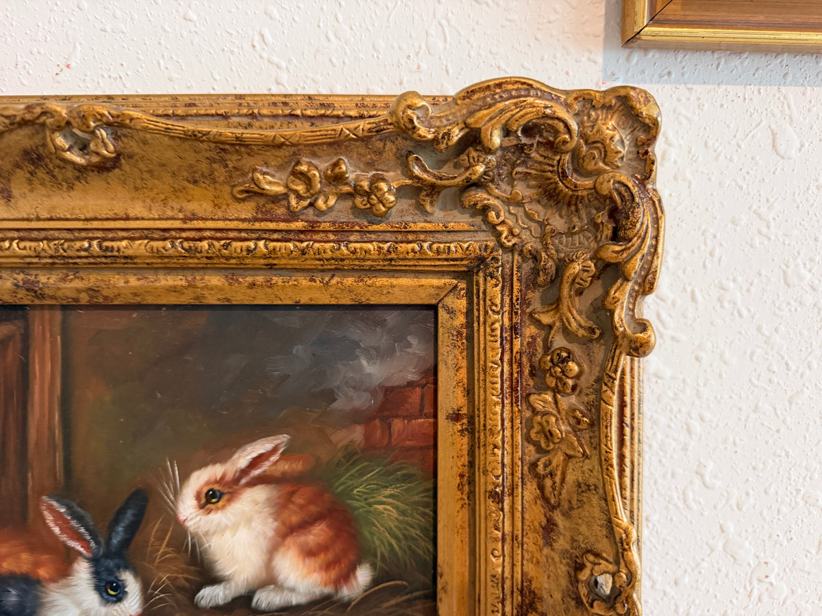 Vintage R Mario Oil Painting Three Rabbits Bunnies Farmhouse Art Gold Frame