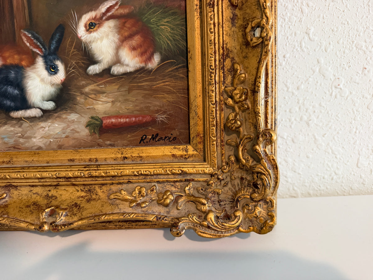 Vintage R Mario Oil Painting Three Rabbits Bunnies Farmhouse Art Gold Frame