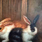 Vintage R Mario Oil Painting Three Rabbits Bunnies Farmhouse Art Gold Frame