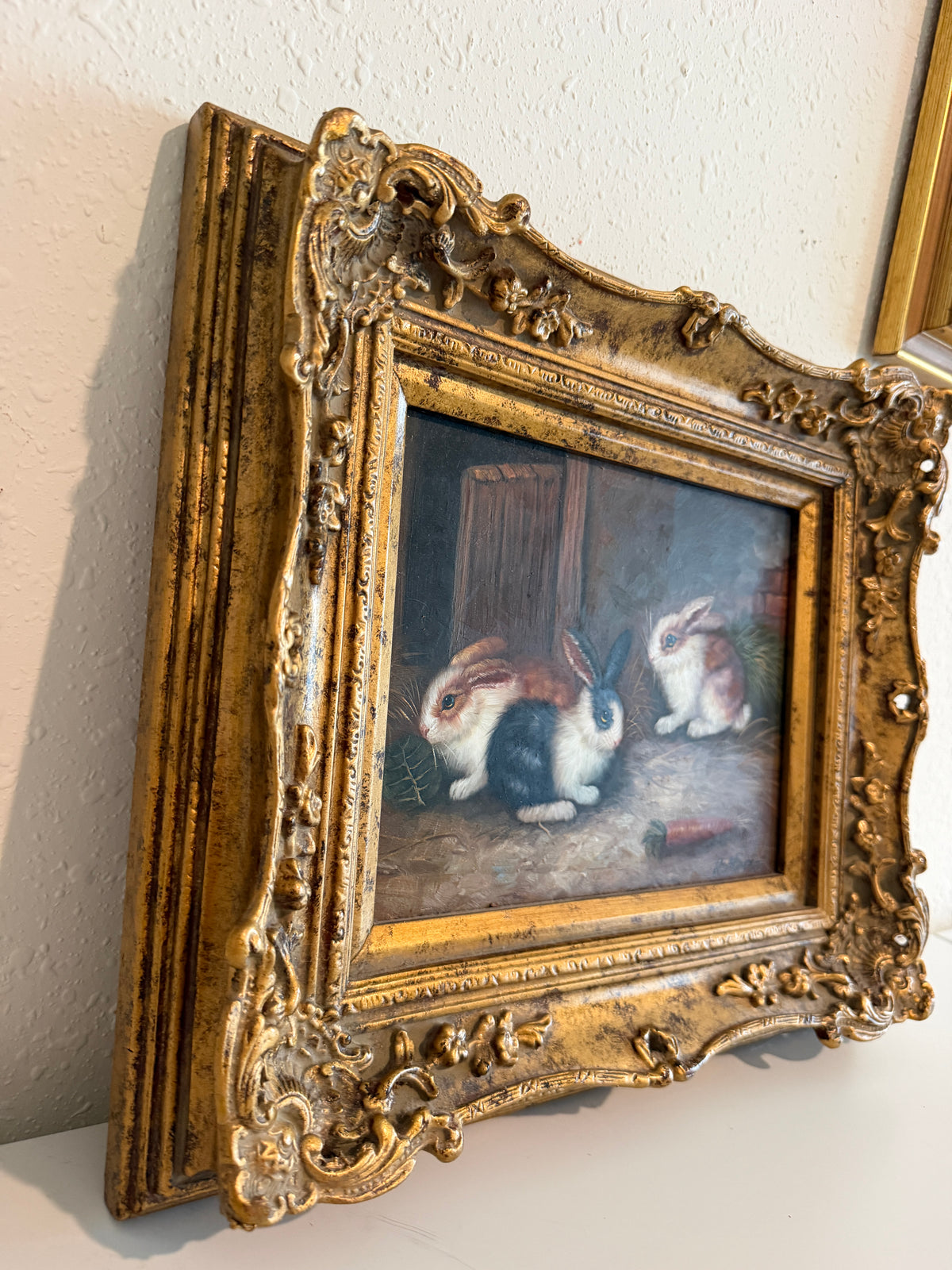 Vintage R Mario Oil Painting Three Rabbits Bunnies Farmhouse Art Gold Frame