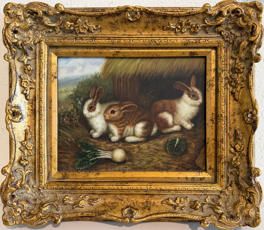 Vintage R Mario Oil Painting Three Rabbits Bunnies Farmhouse Art Gold Frame