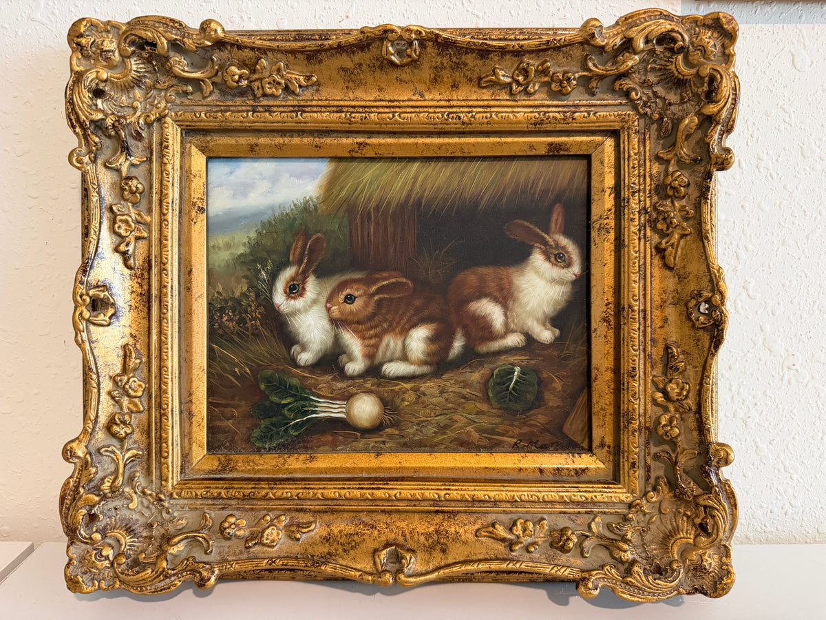 Vintage R Mario Oil Painting Three Rabbits Bunnies Farmhouse Art Gold Frame