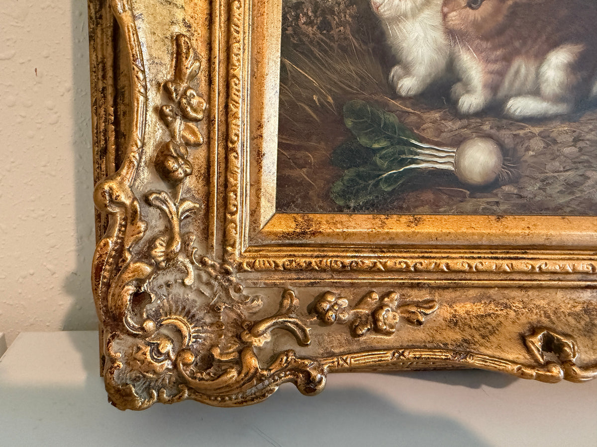 Vintage R Mario Oil Painting Three Rabbits Bunnies Farmhouse Art Gold Frame