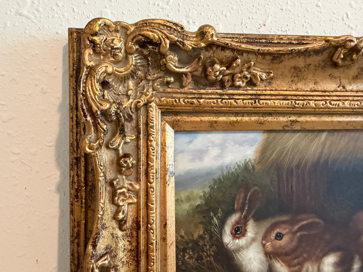 Vintage R Mario Oil Painting Three Rabbits Bunnies Farmhouse Art Gold Frame
