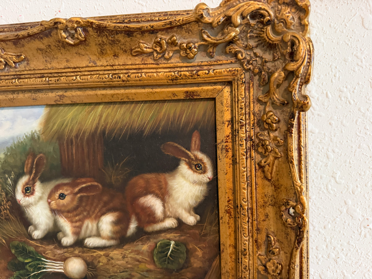 Vintage R Mario Oil Painting Three Rabbits Bunnies Farmhouse Art Gold Frame