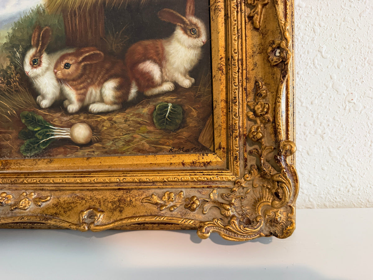 Vintage R Mario Oil Painting Three Rabbits Bunnies Farmhouse Art Gold Frame