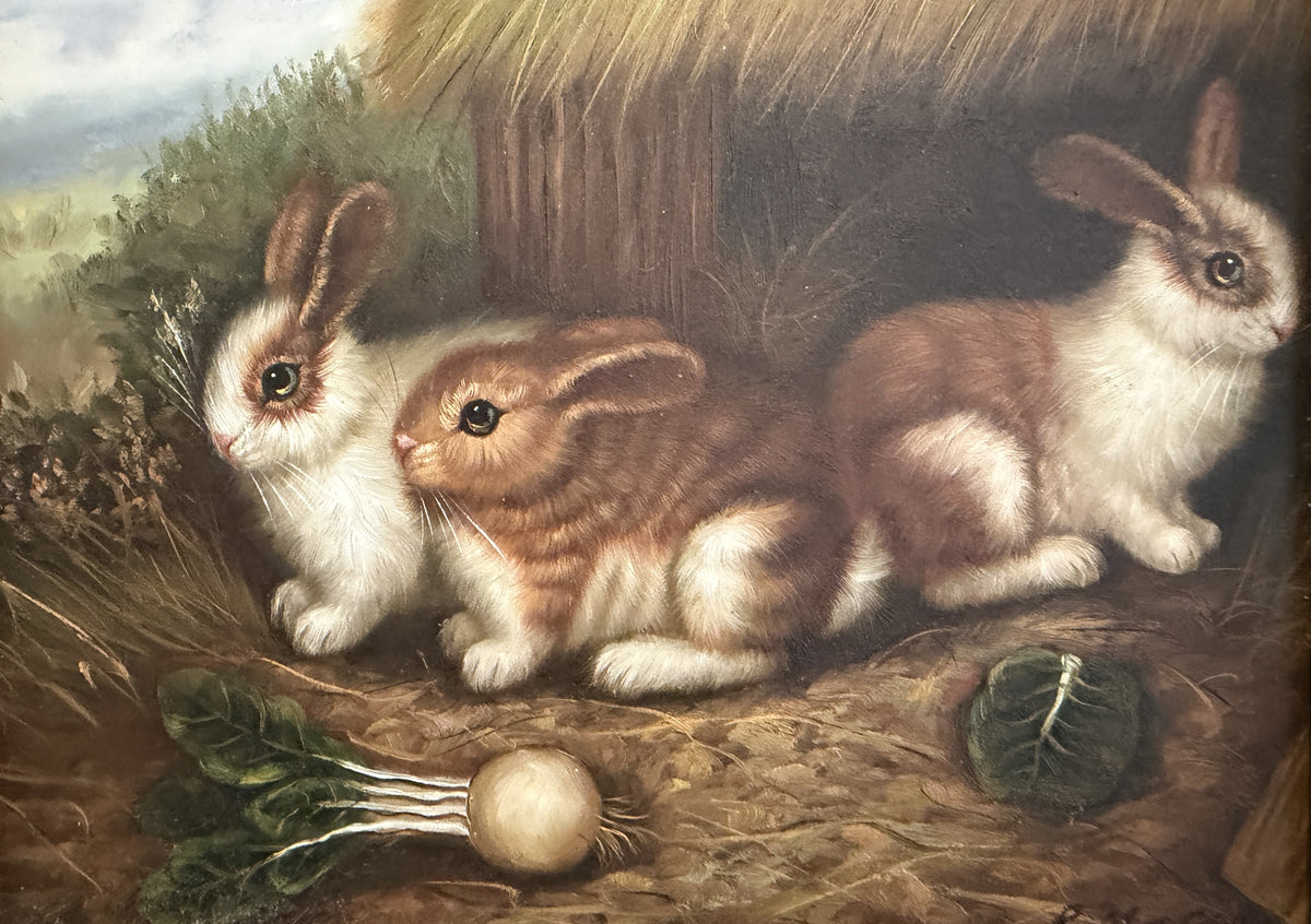 Vintage R Mario Oil Painting Three Rabbits Bunnies Farmhouse Art Gold Frame