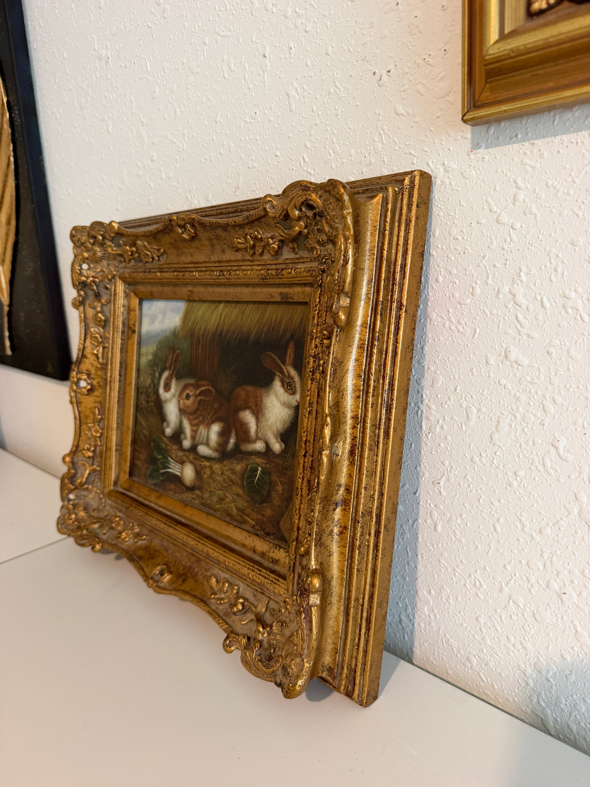 Vintage R Mario Oil Painting Three Rabbits Bunnies Farmhouse Art Gold Frame