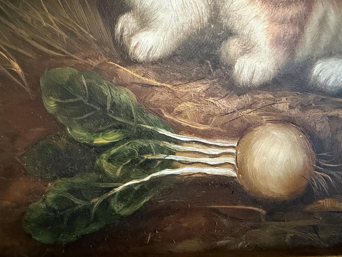 Vintage R Mario Oil Painting Three Rabbits Bunnies Farmhouse Art Gold Frame
