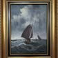 Vintage Signed Oil Painting Stormy Sea Fishing Boats Maritime Seascape Framed