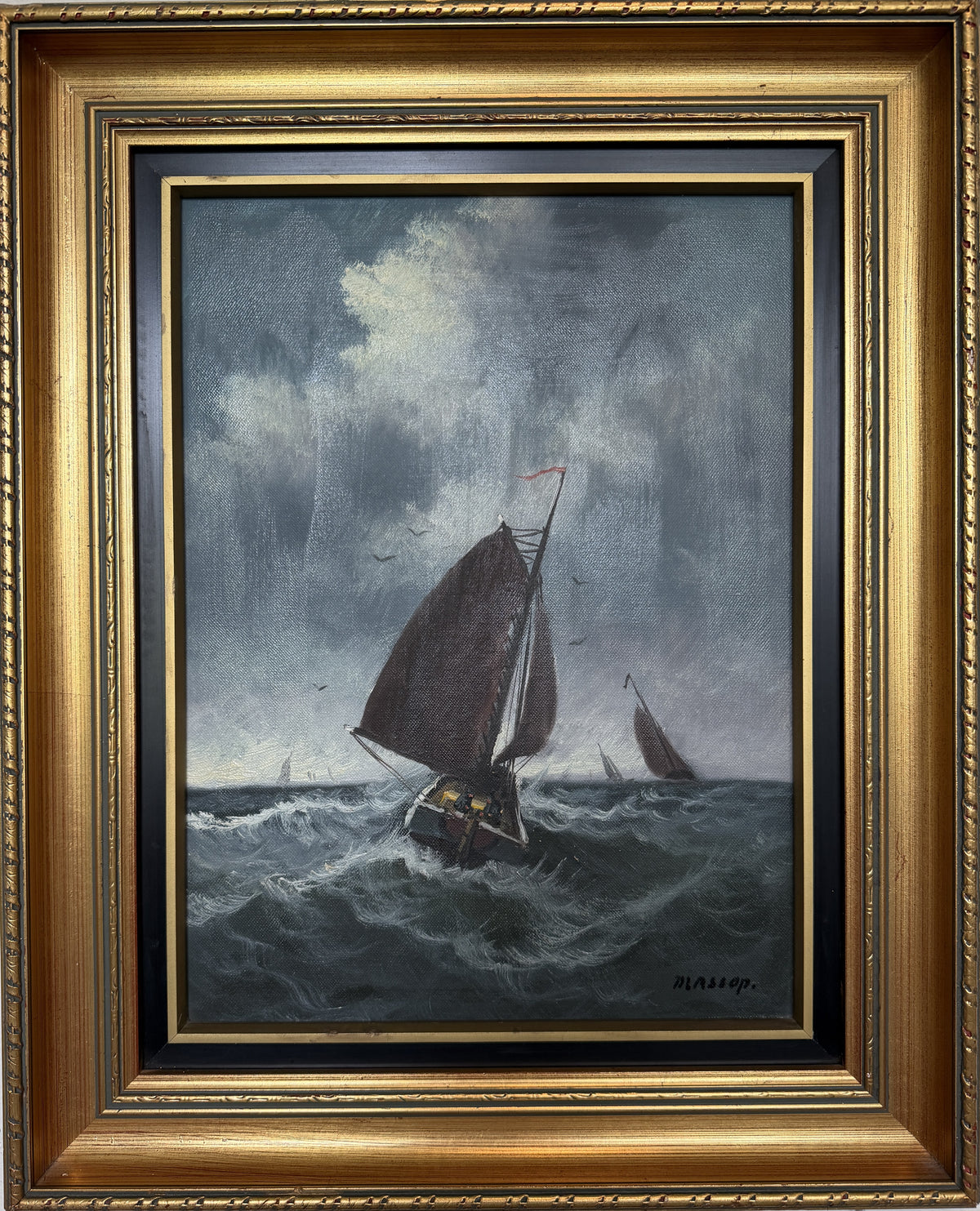 Vintage Signed Oil Painting Stormy Sea Fishing Boats Maritime Seascape Framed
