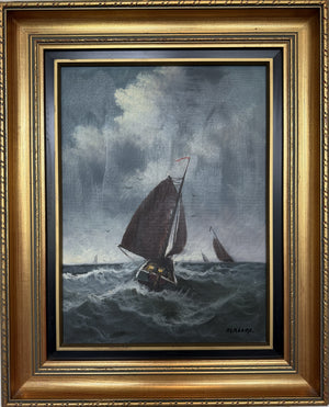 Vintage Signed Oil Painting Stormy Sea Fishing Boats Maritime Seascape Framed