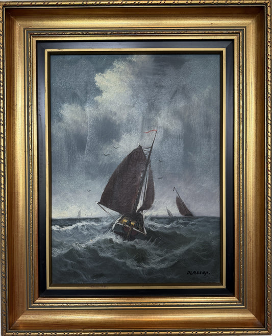 Vintage Signed Oil Painting Stormy Sea Fishing Boats Maritime Seascape Framed