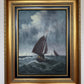 Vintage Signed Oil Painting Stormy Sea Fishing Boats Maritime Seascape Framed