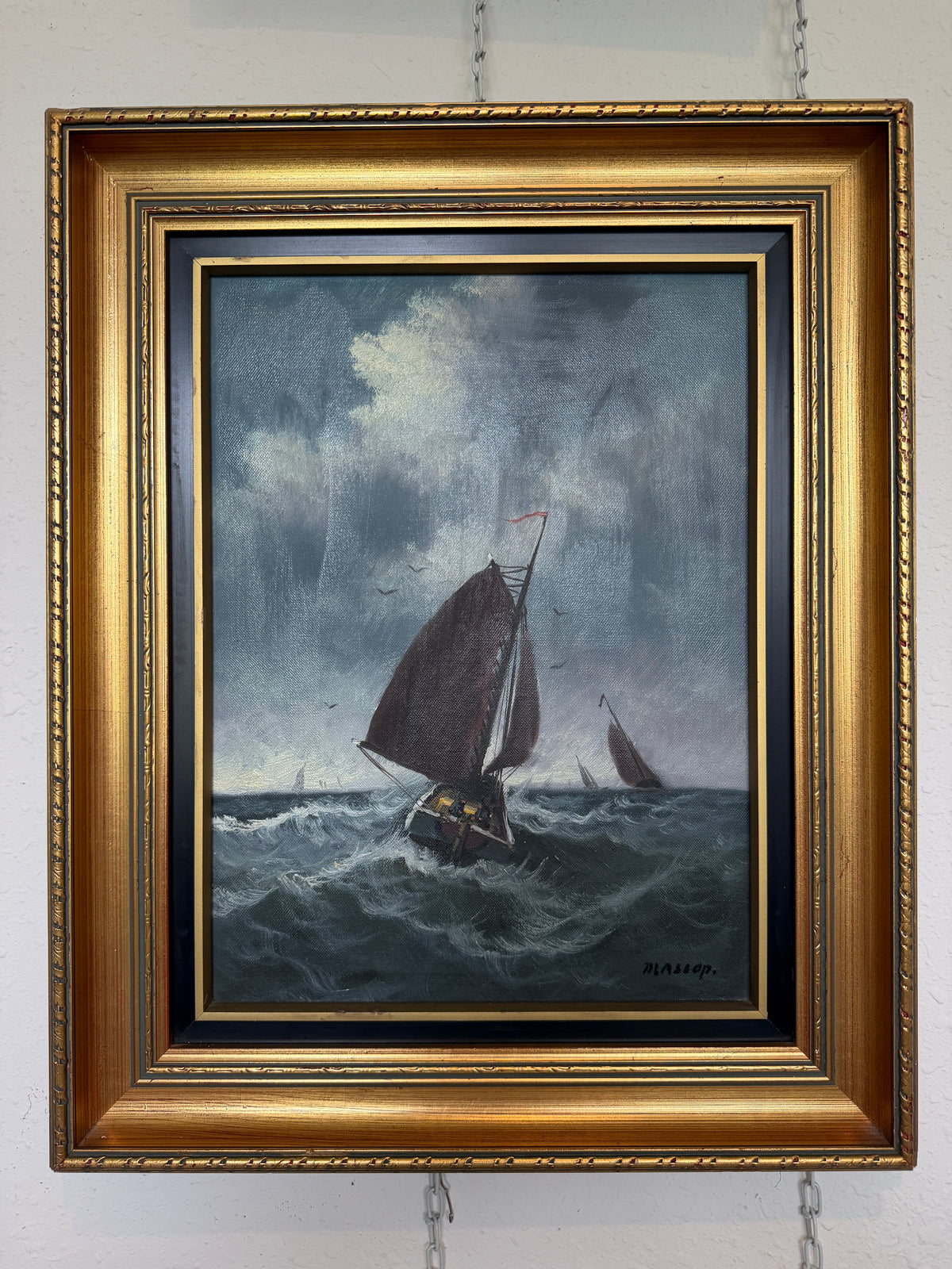 Vintage Signed Oil Painting Stormy Sea Fishing Boats Maritime Seascape Framed