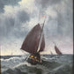 Vintage Signed Oil Painting Stormy Sea Fishing Boats Maritime Seascape Framed