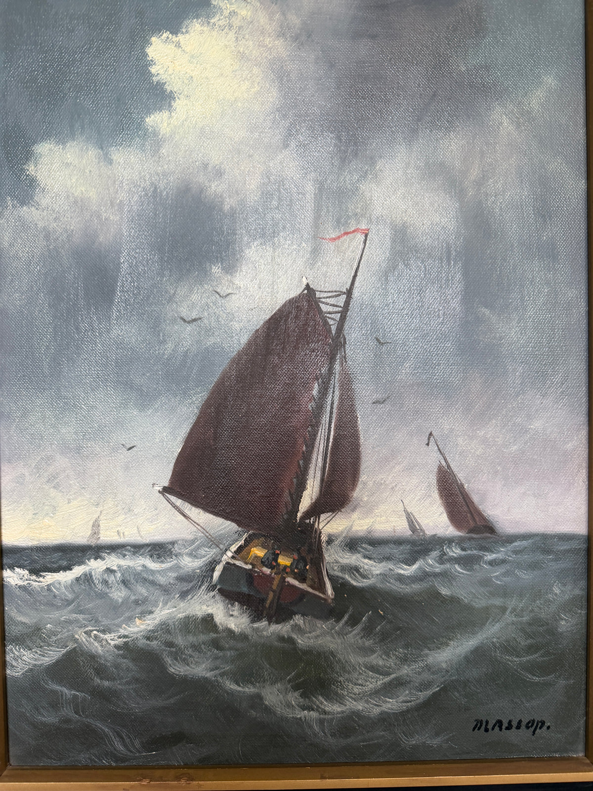 Vintage Signed Oil Painting Stormy Sea Fishing Boats Maritime Seascape Framed