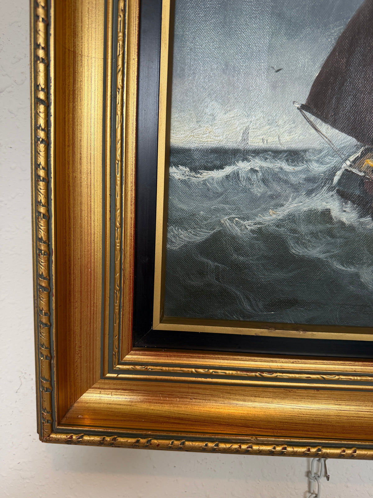 Vintage Signed Oil Painting Stormy Sea Fishing Boats Maritime Seascape Framed