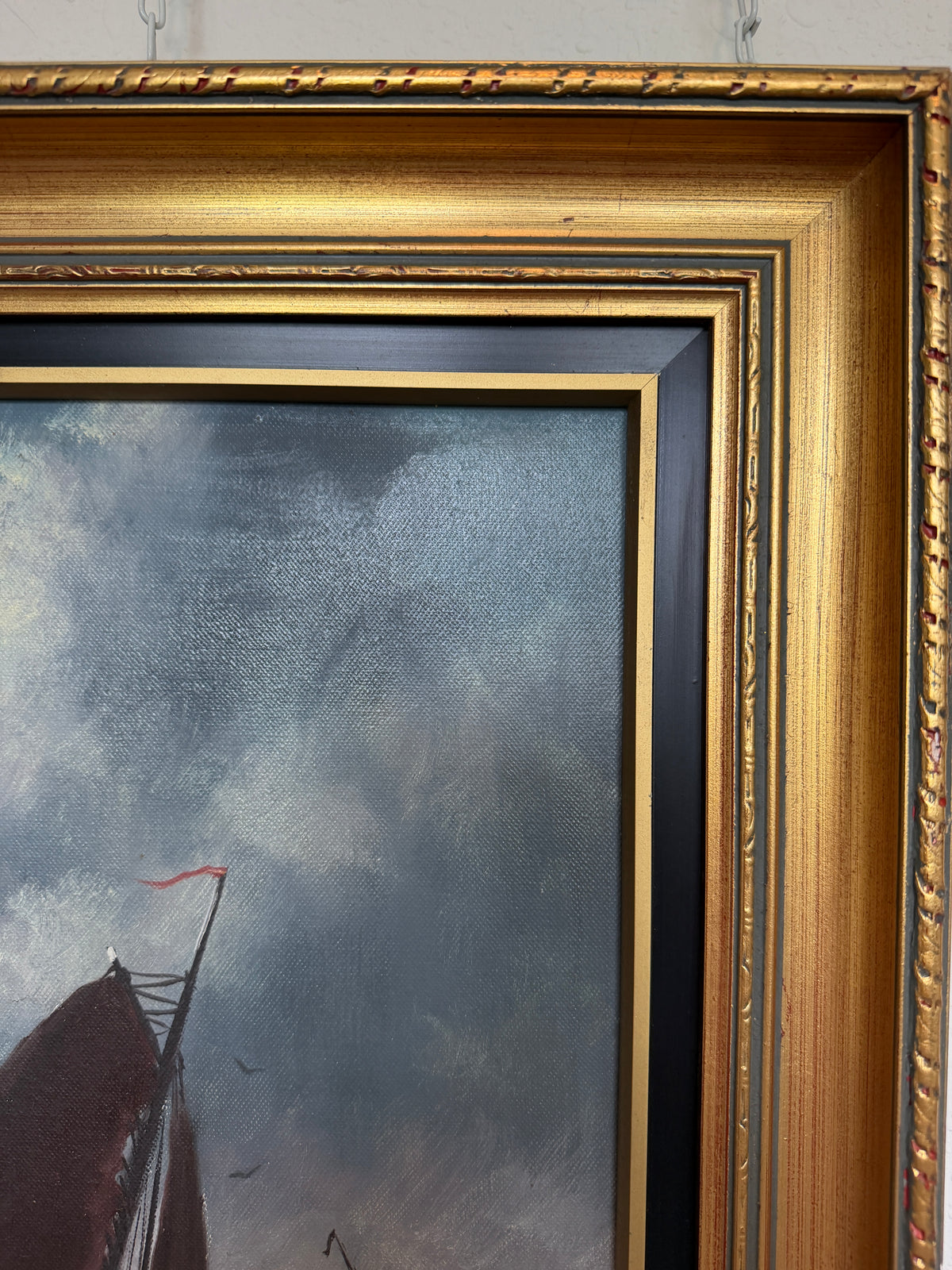 Vintage Signed Oil Painting Stormy Sea Fishing Boats Maritime Seascape Framed