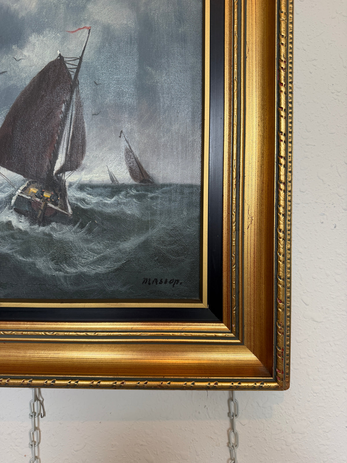 Vintage Signed Oil Painting Stormy Sea Fishing Boats Maritime Seascape Framed