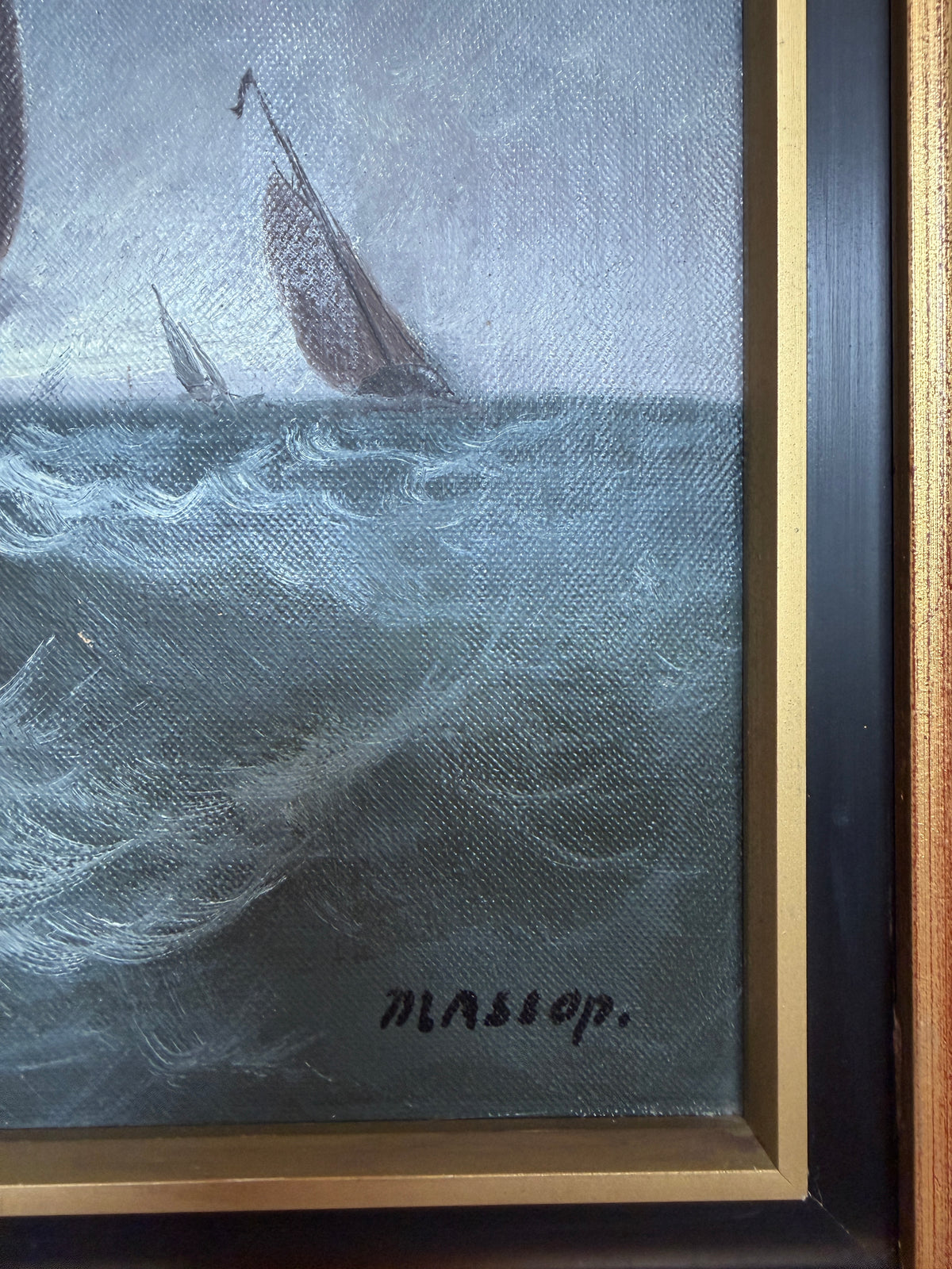 Vintage Signed Oil Painting Stormy Sea Fishing Boats Maritime Seascape Framed
