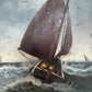 Vintage Signed Oil Painting Stormy Sea Fishing Boats Maritime Seascape Framed