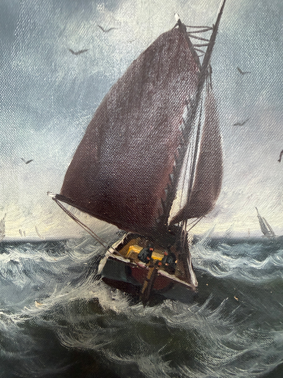 Vintage Signed Oil Painting Stormy Sea Fishing Boats Maritime Seascape Framed