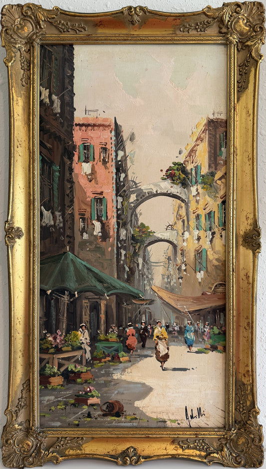 Antonio De Vity (1901-1993) Oil Painting Italian Street Market Scene Cityscape