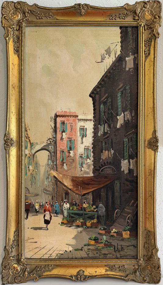 Antonio De Vity (1901-1993) Oil Painting Italian Street Market Scene Cityscape 774