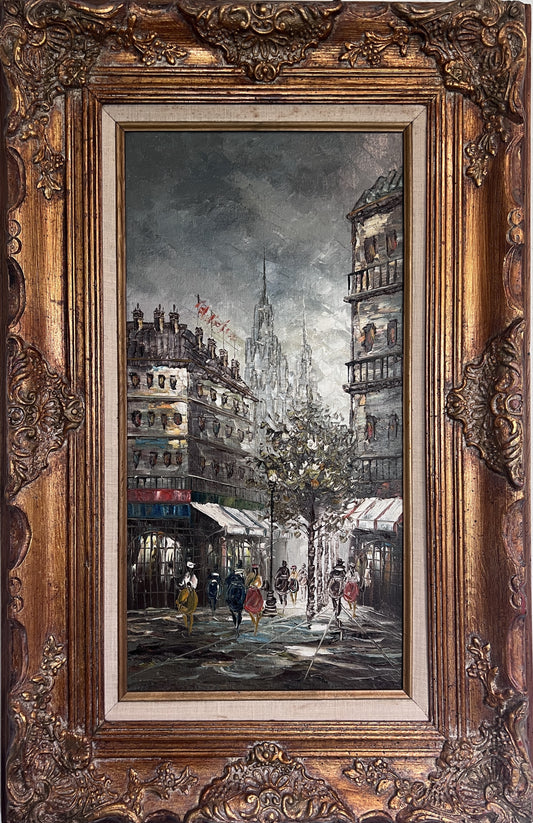 Listed Artist C. Burnett oil painting on canvas Paris street view Gold Frame COA