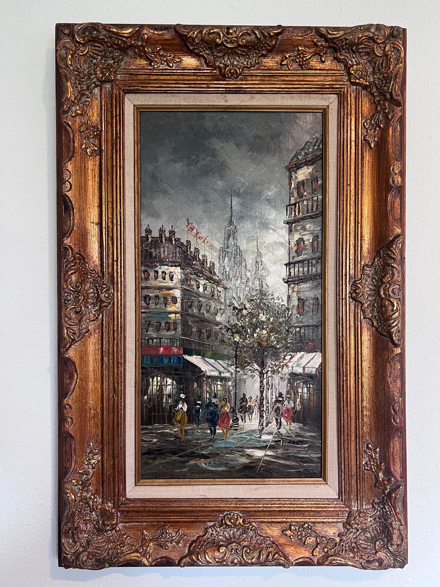 Listed Artist C. Burnett oil painting on canvas Paris street view Gold Frame COA