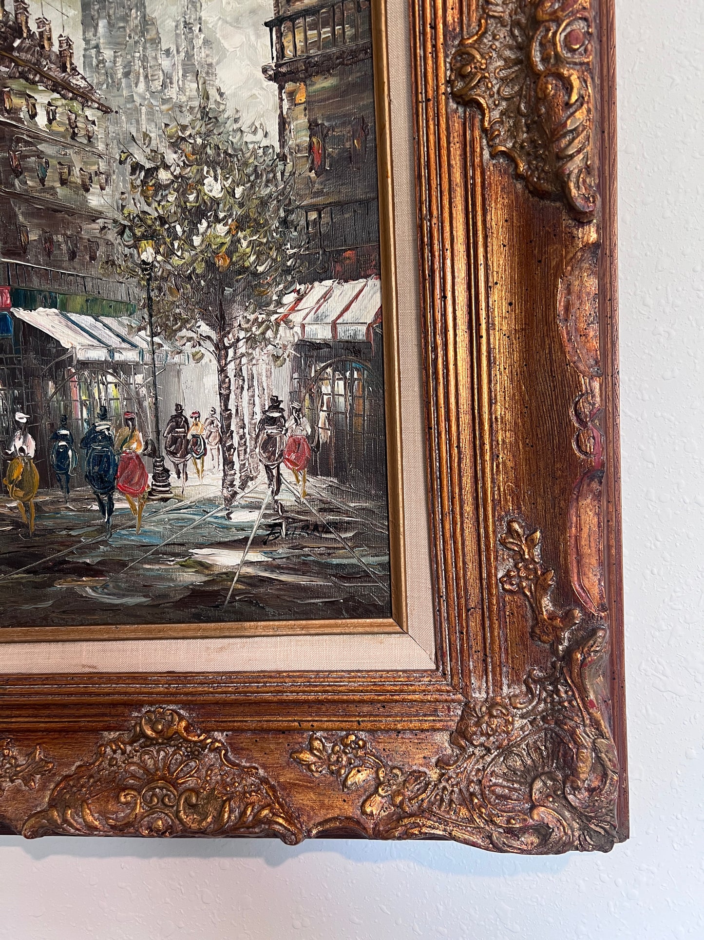 Listed Artist C. Burnett oil painting on canvas Paris street view Gold Frame COA