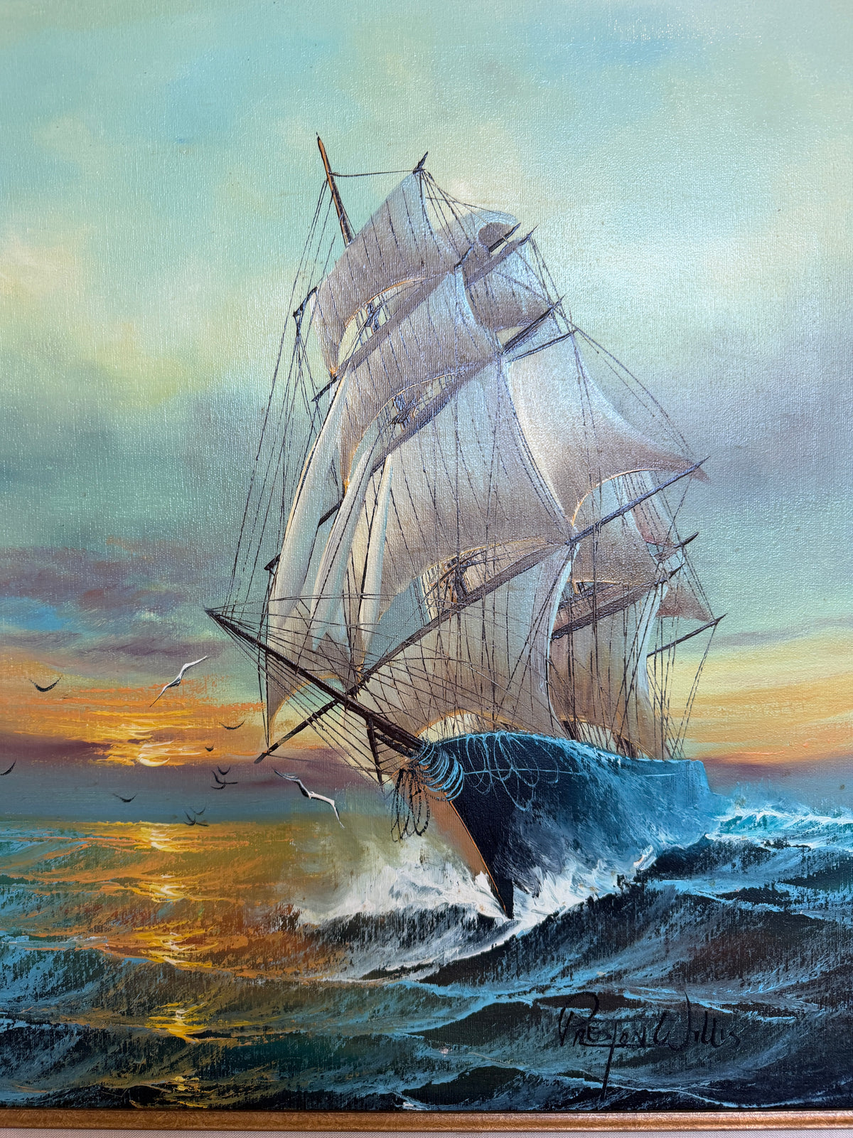 Preston Willis Signed Original Oil Painting Tall Ship Seascape Framed Maritime