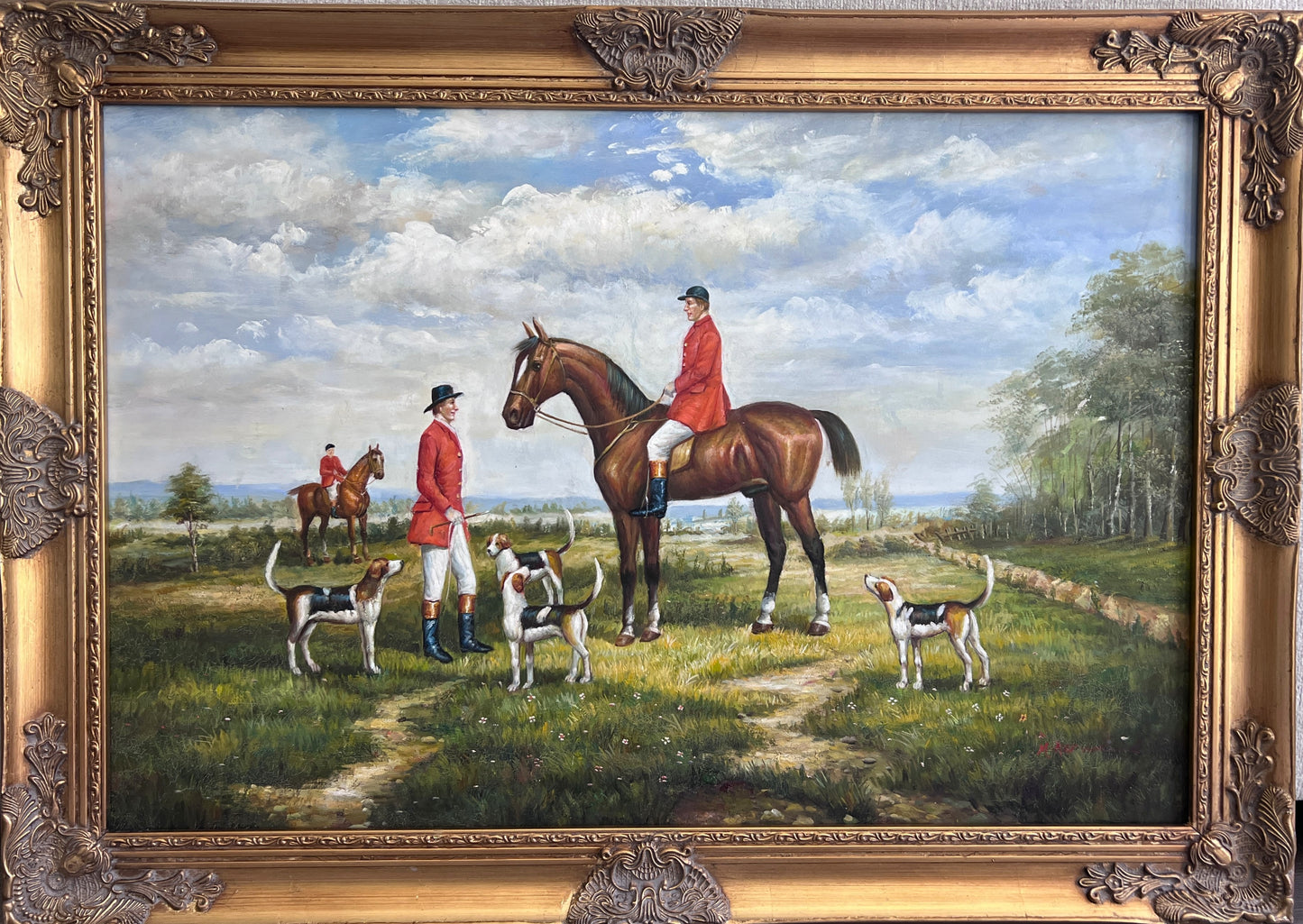 M. Aarinon Original Oil Painting, English Fox Hunt Scene, Horses & Hounds