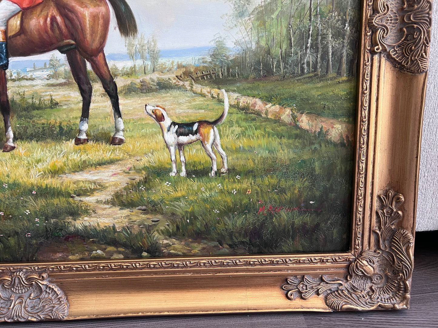 M. Aarinon Original Oil Painting, English Fox Hunt Scene, Horses & Hounds