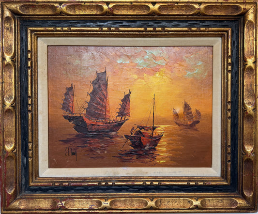 Vintage Chinese Junk Boats Sunset Oil Painting Signed Young Asian Seascape Frame