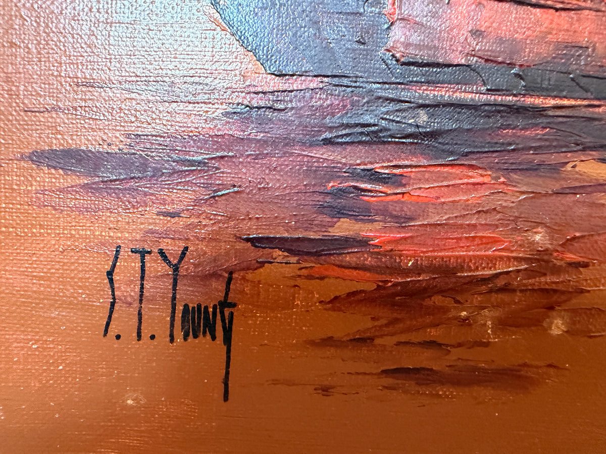 Vintage Chinese Junk Boats Sunset Oil Painting Signed Young Asian Seascape Frame