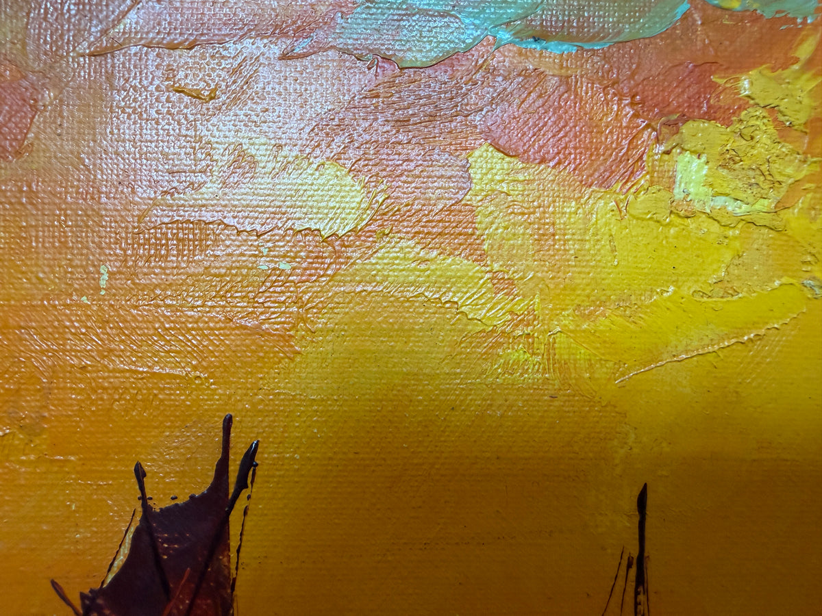 Vintage Chinese Junk Boats Sunset Oil Painting Signed Young Asian Seascape Frame