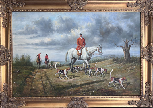 M. Aarinon Original Oil Painting, English Fox Hunt Scene, Horses & Hounds