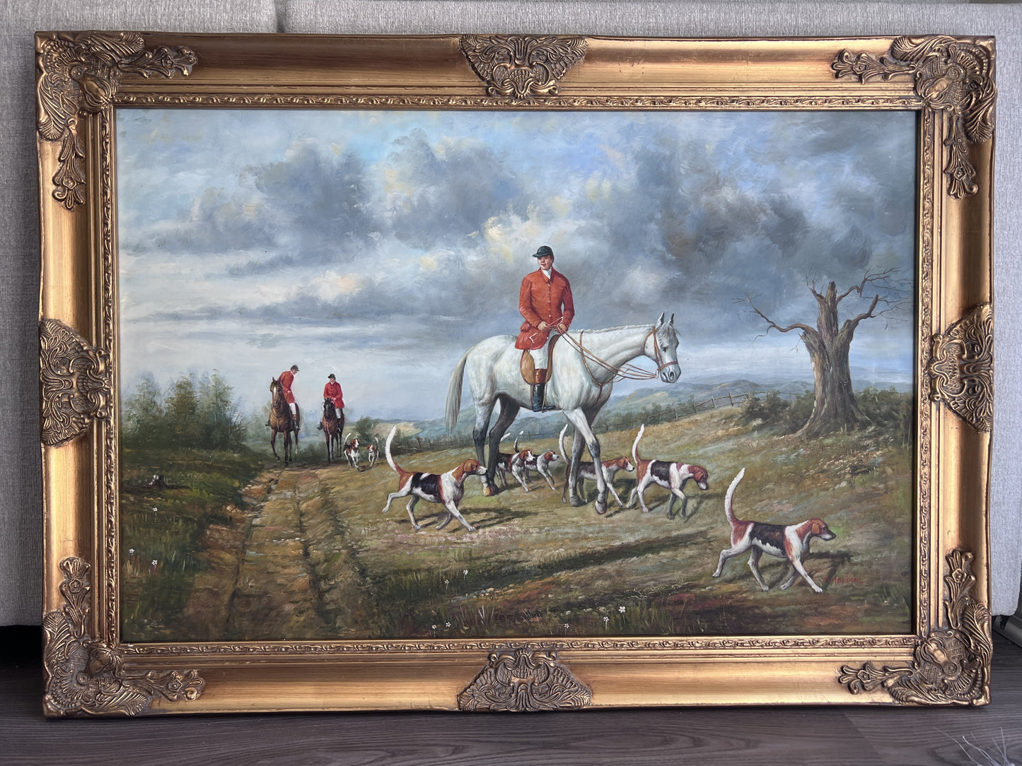 M. Aarinon Original Oil Painting, English Fox Hunt Scene, Horses & Hounds