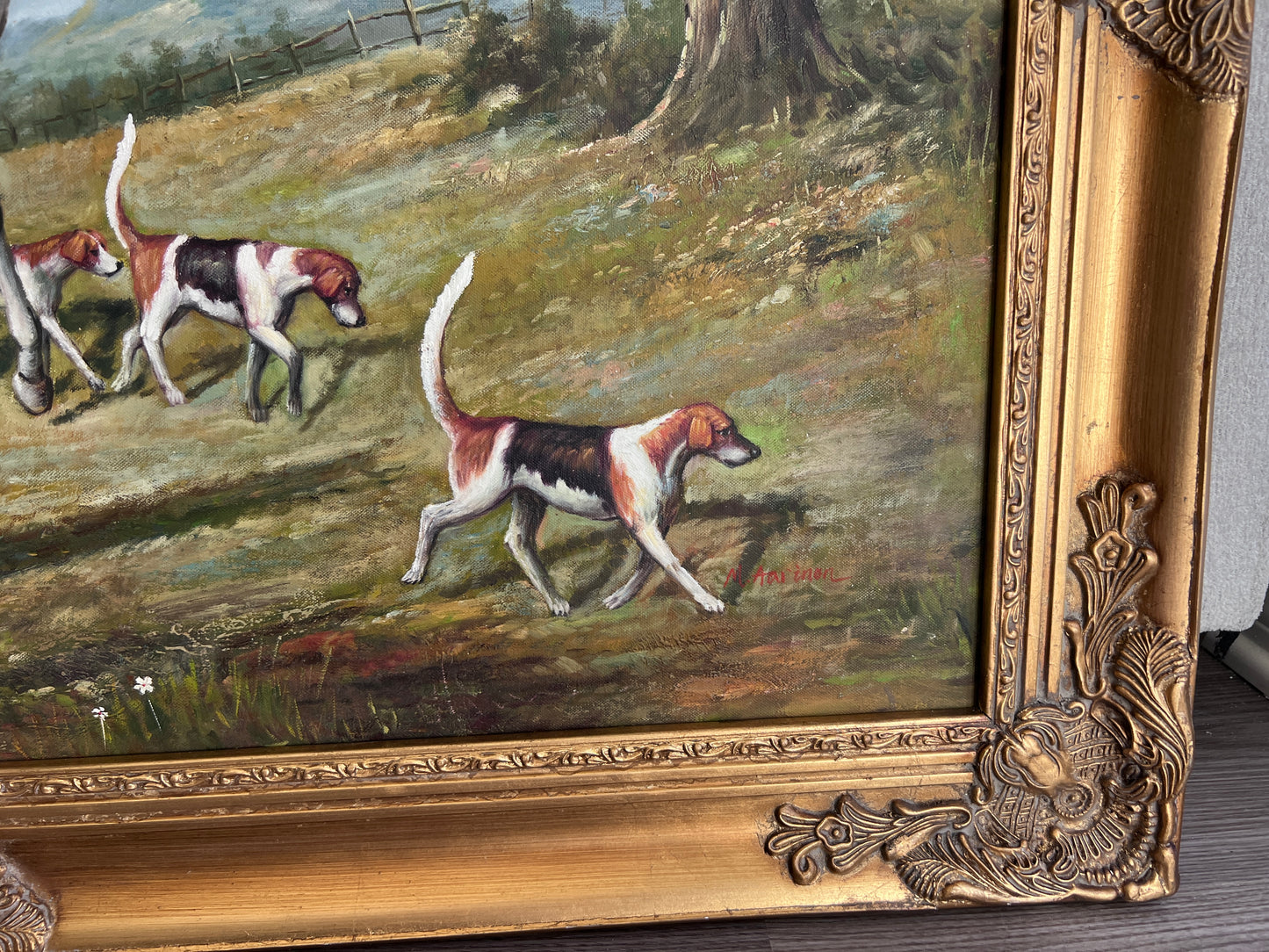 M. Aarinon Original Oil Painting, English Fox Hunt Scene, Horses & Hounds