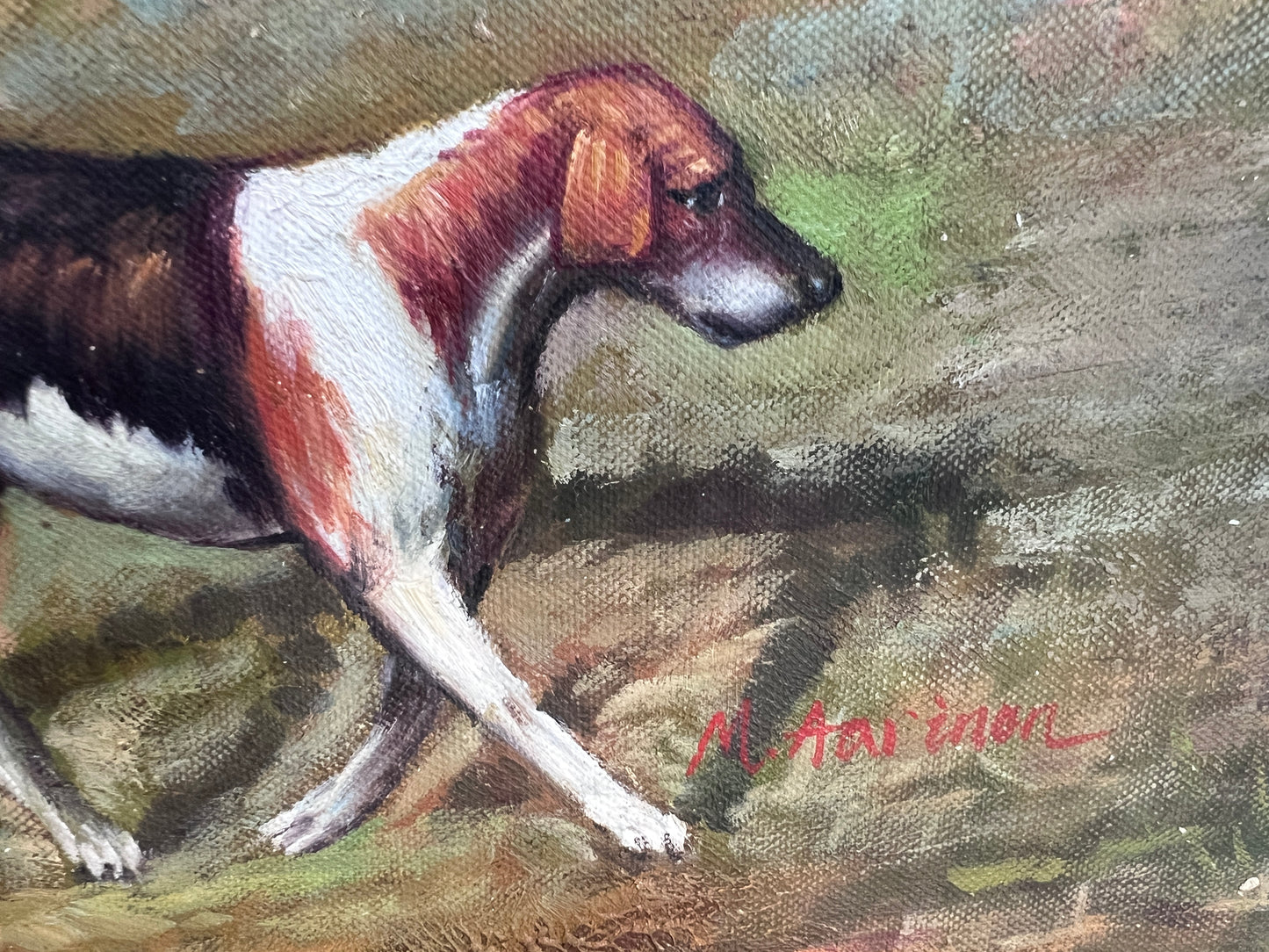 M. Aarinon Original Oil Painting, English Fox Hunt Scene, Horses & Hounds