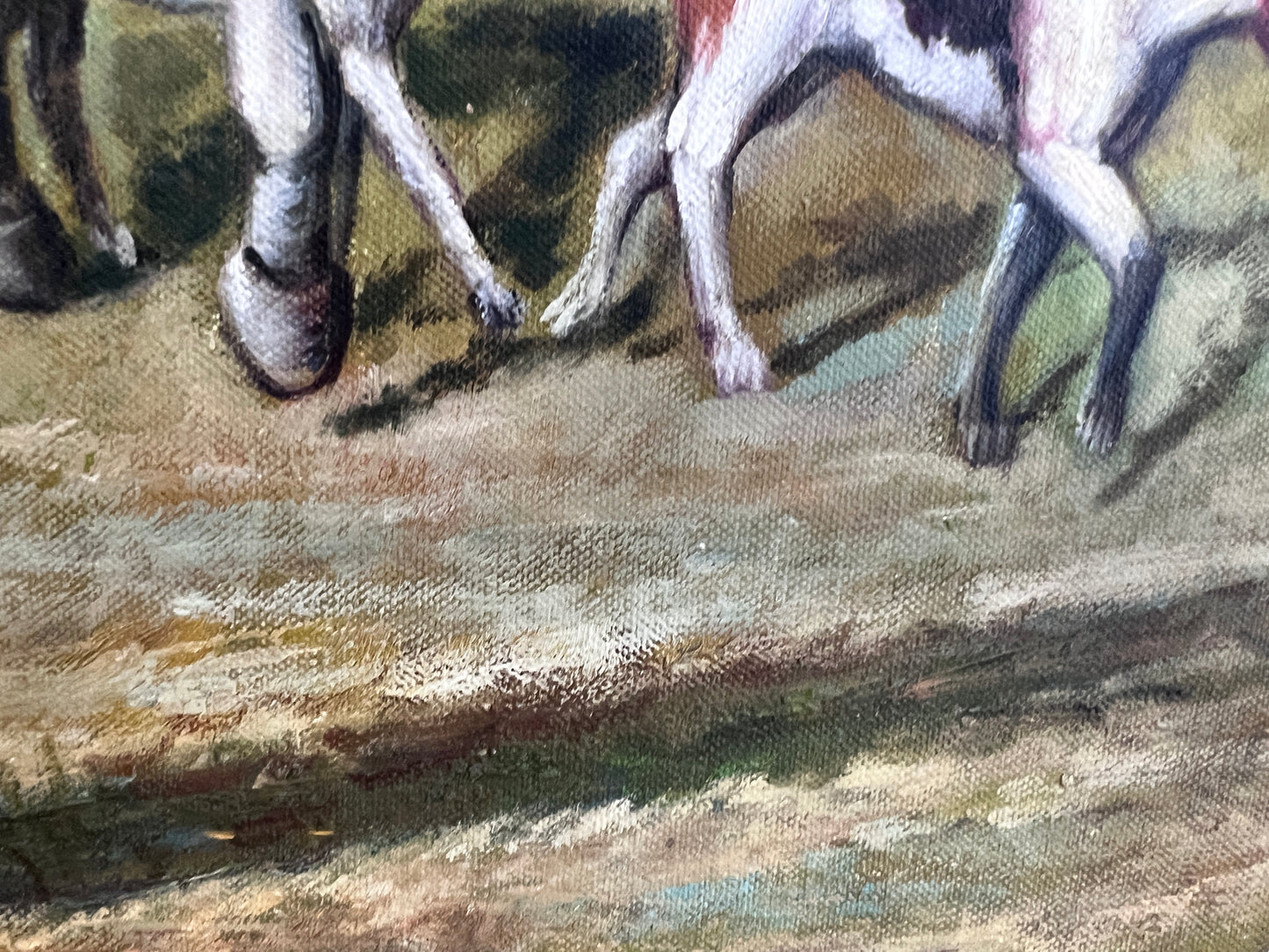 M. Aarinon Original Oil Painting, English Fox Hunt Scene, Horses & Hounds