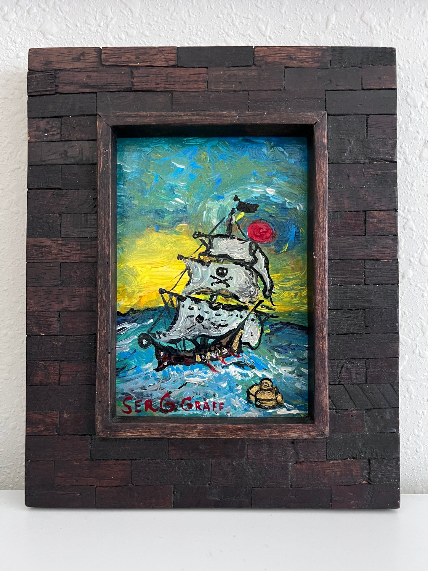 Serg Graff Original Pirate Ship Painting Black Wake Acrylic Nautical Art