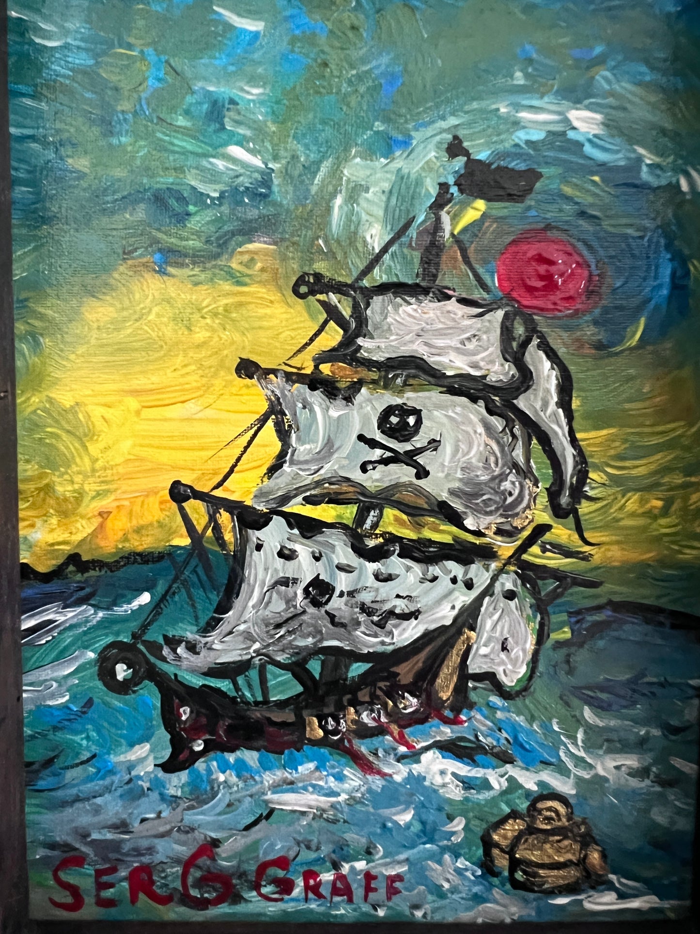 Serg Graff Original Pirate Ship Painting Black Wake Acrylic Nautical Art